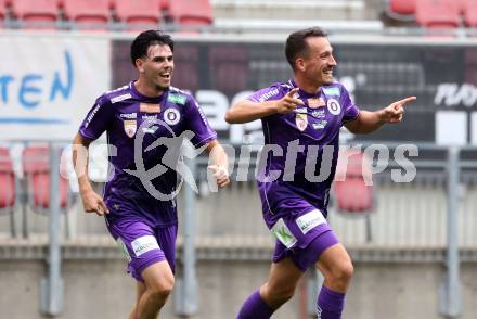 Fussball 2. Liga. SK Austria Klagenfurt gegen SW Bregenz.  Torjubel Almir Oda, Michael Lang,  (Klagenfurt). Klagenfurt, 23.8.2025.
Foto: Kuess
www.qspictures.net
---
pressefotos, pressefotografie, kuess, qs, qspictures, sport, bild, bilder, bilddatenbank