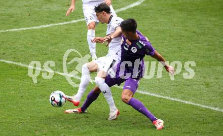 Fussball 2. Liga. SK Austria Klagenfurt gegen SW Bregenz. Aiden Liu  (Klagenfurt), Levan Eloshvili  (Bregenz). Klagenfurt, 23.8.2025.
Foto: Kuess
www.qspictures.net
---
pressefotos, pressefotografie, kuess, qs, qspictures, sport, bild, bilder, bilddatenbank