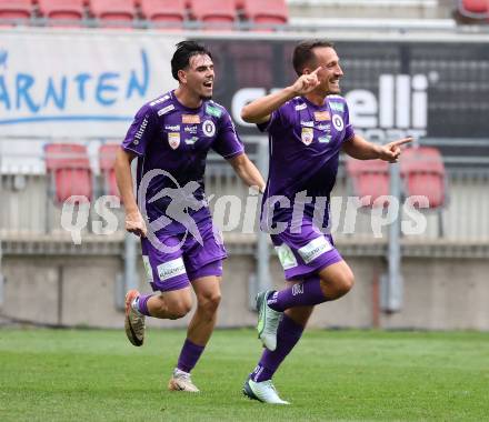 Fussball 2. Liga. SK Austria Klagenfurt gegen SW Bregenz.  Torjubel Almir Oda, Michael Lang,  (Klagenfurt). Klagenfurt, 23.8.2025.
Foto: Kuess
www.qspictures.net
---
pressefotos, pressefotografie, kuess, qs, qspictures, sport, bild, bilder, bilddatenbank