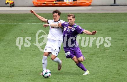 Fussball 2. Liga. SK Austria Klagenfurt gegen SW Bregenz. Marc Andre Schmerboeck    (Klagenfurt), Yannick Cotter   (Bregenz). Klagenfurt, 23.8.2025.
Foto: Kuess
www.qspictures.net
---
pressefotos, pressefotografie, kuess, qs, qspictures, sport, bild, bilder, bilddatenbank