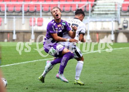Fussball 2. Liga. SK Austria Klagenfurt gegen SW Bregenz. Sebastian Pschernig   (Klagenfurt), Marco Rottensteiner  (Bregenz). Klagenfurt, 23.8.2025.
Foto: Kuess
www.qspictures.net
---
pressefotos, pressefotografie, kuess, qs, qspictures, sport, bild, bilder, bilddatenbank