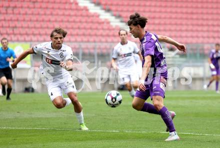 Fussball 2. Liga. SK Austria Klagenfurt gegen SW Bregenz.   Elias Jandrisevits (Klagenfurt), Isak Vojic  (Bregenz). Klagenfurt, 23.8.2025.
Foto: Kuess
www.qspictures.net
---
pressefotos, pressefotografie, kuess, qs, qspictures, sport, bild, bilder, bilddatenbank