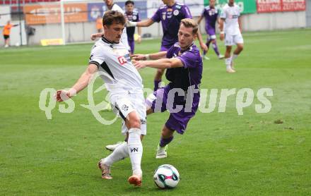 Fussball 2. Liga. SK Austria Klagenfurt gegen SW Bregenz. Marc Andre Schmerboeck   (Klagenfurt), Yannick Cotter (Bregenz). Klagenfurt, 23.8.2025.
Foto: Kuess
www.qspictures.net
---
pressefotos, pressefotografie, kuess, qs, qspictures, sport, bild, bilder, bilddatenbank