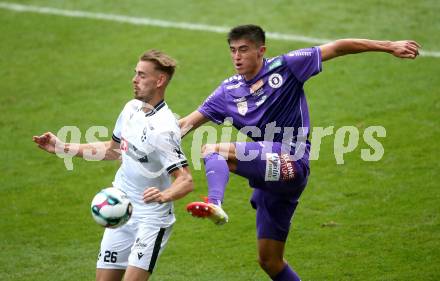 Fussball 2. Liga. SK Austria Klagenfurt gegen SW Bregenz.  Aiden Liu (Klagenfurt), Daniel Nussbaumer  (Bregenz). Klagenfurt, 23.8.2025.
Foto: Kuess
www.qspictures.net
---
pressefotos, pressefotografie, kuess, qs, qspictures, sport, bild, bilder, bilddatenbank