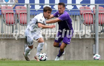 Fussball 2. Liga. SK Austria Klagenfurt gegen SW Bregenz. Michael Lang  (Klagenfurt),  Yannick Cotter (Bregenz). Klagenfurt, 23.8.2025.
Foto: Kuess
www.qspictures.net
---
pressefotos, pressefotografie, kuess, qs, qspictures, sport, bild, bilder, bilddatenbank