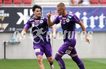 Fussball 2. Liga. SK Austria Klagenfurt gegen SW Bregenz.  Torjubel Almir Oda, Bartol Barisic (Klagenfurt). Klagenfurt, 23.8.2025.
Foto: Kuess
www.qspictures.net
---
pressefotos, pressefotografie, kuess, qs, qspictures, sport, bild, bilder, bilddatenbank