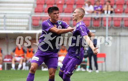 Fussball 2. Liga. SK Austria Klagenfurt gegen SW Bregenz.  Torjubel Aiden Liu, Bartol Barisic (Klagenfurt). Klagenfurt, 23.8.2025.
Foto: Kuess
www.qspictures.net
---
pressefotos, pressefotografie, kuess, qs, qspictures, sport, bild, bilder, bilddatenbank