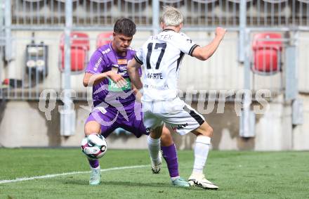 Fussball 2. Liga. SK Austria Klagenfurt gegen SW Bregenz.  Dino Delic (Klagenfurt), Raul Marte  (Bregenz). Klagenfurt, 23.8.2025.
Foto: Kuess
www.qspictures.net
---
pressefotos, pressefotografie, kuess, qs, qspictures, sport, bild, bilder, bilddatenbank