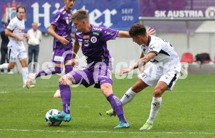 Fussball 2. Liga. SK Austria Klagenfurt gegen SW Bregenz. Nik Marinsek  (Klagenfurt), Marco Rottensteiner  (Bregenz). Klagenfurt, 23.8.2025.
Foto: Kuess
www.qspictures.net
---
pressefotos, pressefotografie, kuess, qs, qspictures, sport, bild, bilder, bilddatenbank