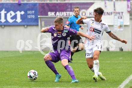 Fussball 2. Liga. SK Austria Klagenfurt gegen SW Bregenz.  Nik Marinsek (Klagenfurt), Marco Rottensteiner  (Bregenz). Klagenfurt, 23.8.2025.
Foto: Kuess
www.qspictures.net
---
pressefotos, pressefotografie, kuess, qs, qspictures, sport, bild, bilder, bilddatenbank