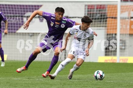 Fussball 2. Liga. SK Austria Klagenfurt gegen SW Bregenz.  Aiden Liu (Klagenfurt), Levan Elosshvili  (Bregenz). Klagenfurt, 23.8.2025.
Foto: Kuess
www.qspictures.net
---
pressefotos, pressefotografie, kuess, qs, qspictures, sport, bild, bilder, bilddatenbank