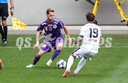 Fussball 2. Liga. SK Austria Klagenfurt gegen SW Bregenz. Marc Andre Schmerboeck  (Klagenfurt), Yannick Cotter  (Bregenz). Klagenfurt, 23.8.2025.
Foto: Kuess
www.qspictures.net
---
pressefotos, pressefotografie, kuess, qs, qspictures, sport, bild, bilder, bilddatenbank
