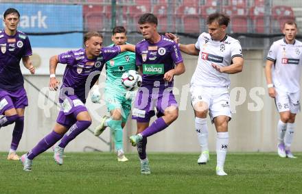 Fussball 2. Liga. SK Austria Klagenfurt gegen SW Bregenz. Sebastian Pschernig, Dino Delic  (Klagenfurt), Johannes Schriebl  (Bregenz). Klagenfurt, 23.8.2025.
Foto: Kuess
www.qspictures.net
---
pressefotos, pressefotografie, kuess, qs, qspictures, sport, bild, bilder, bilddatenbank