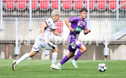 Fussball 2. Liga. SK Austria Klagenfurt gegen SW Bregenz. Dino Delic  (Klagenfurt), Raul Marte  (Bregenz). Klagenfurt, 23.8.2025.
Foto: Kuess
www.qspictures.net
---
pressefotos, pressefotografie, kuess, qs, qspictures, sport, bild, bilder, bilddatenbank