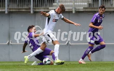 Fussball 2. Liga. SK Austria Klagenfurt gegen SW Bregenz.    Marco Gantschnig (Klagenfurt), Daniel Nussbaumer (Bregenz).  Klagenfurt, 23.8.2025.
Foto: Kuess
www.qspictures.net
---
pressefotos, pressefotografie, kuess, qs, qspictures, sport, bild, bilder, bilddatenbank