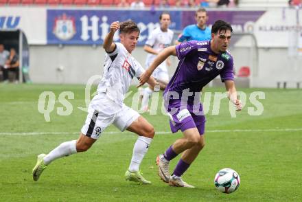 Fussball 2. Liga. SK Austria Klagenfurt gegen SW Bregenz. Almir Oda  (Klagenfurt), Marco Rottensteiner  (Bregenz). Klagenfurt, 23.8.2025.
Foto: Kuess
www.qspictures.net
---
pressefotos, pressefotografie, kuess, qs, qspictures, sport, bild, bilder, bilddatenbank