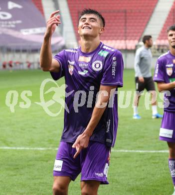 Fussball 2. Liga. SK Austria Klagenfurt gegen SW Bregenz.  Jubel Aiden Liu (Klagenfurt). Klagenfurt, 23.8.2025.
Foto: Kuess
www.qspictures.net
---
pressefotos, pressefotografie, kuess, qs, qspictures, sport, bild, bilder, bilddatenbank