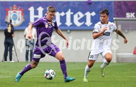 Fussball 2. Liga. SK Austria Klagenfurt gegen SW Bregenz. Nik  Marinsek  (Klagenfurt), Marco Rottensteiner  (Bregenz). Klagenfurt, 23.8.2025.
Foto: Kuess
www.qspictures.net
---
pressefotos, pressefotografie, kuess, qs, qspictures, sport, bild, bilder, bilddatenbank