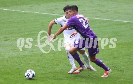 Fussball 2. Liga. SK Austria Klagenfurt gegen SW Bregenz.  Aiden Liu (Klagenfurt), Levan Eloshvili  (Bregenz). Klagenfurt, 23.8.2025.
Foto: Kuess
www.qspictures.net
---
pressefotos, pressefotografie, kuess, qs, qspictures, sport, bild, bilder, bilddatenbank