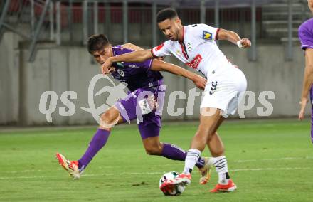 Fussball 2. Liga. SK Austria Klagenfurt gegen Admira Wacker.  Aiden Liu (Klagenfurt), Alexander Schmidt  (Admira). Klagenfurt, 29.8.2025.
Foto: Kuess
www.qspictures.net
---
pressefotos, pressefotografie, kuess, qs, qspictures, sport, bild, bilder, bilddatenbank