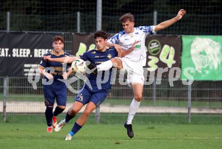 Fussball Regionalliga. Velden gegen Treibach.  Manuel Thomas Guggenberger (Velden), Tristan Noel Stocklauser  (Treibach). Velden, am 12.9.2025.
Foto: Kuess
www.qspictures.net
---
pressefotos, pressefotografie, kuess, qs, qspictures, sport, bild, bilder, bilddatenbank
