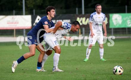 Fussball Regionalliga. Velden gegen Treibach.  Manuel Thomas Guggenberger (Velden),  Vahid Muharemovic (Treibach). Velden, am 12.9.2025.
Foto: Kuess
www.qspictures.net
---
pressefotos, pressefotografie, kuess, qs, qspictures, sport, bild, bilder, bilddatenbank