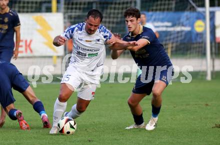 Fussball Regionalliga. Velden gegen Treibach.  Manuel Thomas Guggenberger (Velden),  Vahid Muharemovic (Treibach). Velden, am 12.9.2025.
Foto: Kuess
www.qspictures.net
---
pressefotos, pressefotografie, kuess, qs, qspictures, sport, bild, bilder, bilddatenbank