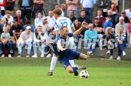 Fussball Regionalliga. Velden gegen Treibach.  Mario Kroepfl  (Velden), Tristan Stocklauser   (Treibach). Velden, am 12.9.2025.
Foto: Kuess
www.qspictures.net
---
pressefotos, pressefotografie, kuess, qs, qspictures, sport, bild, bilder, bilddatenbank