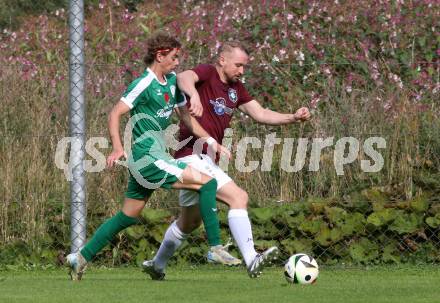 Fussball 1. Klasse Mitte. Bad Kleinkirchheim gegen Rosegg.  Michael Weiss (Bad Kleinkirchheim),  Daniel Tammegger  (Rosegg). Bad Kleinkirchheim, am 13.9.2025.
Foto: Kuess
www.qspictures.net
---
pressefotos, pressefotografie, kuess, qs, qspictures, sport, bild, bilder, bilddatenbank