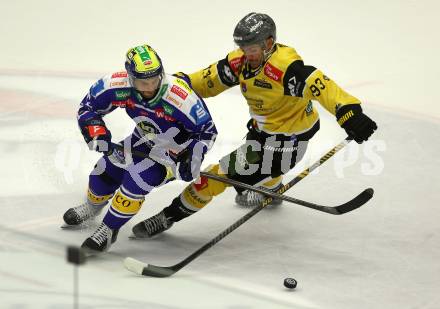 Eishockey Bundesliga. VSV gegen HC Pustertal.  Alex Wall (VSV),  JC Lipon  (HCP, Pustertal). Villach, am 21.9..2025.
Foto: Kuess
www.qspictures.net
---
pressefotos, pressefotografie, kuess, qs, qspictures, sport, bild, bilder, bilddatenbank