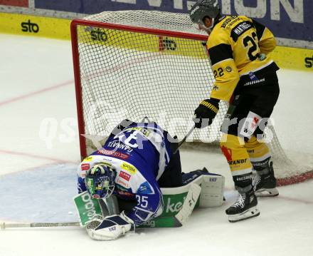 Eishockey Bundesliga. VSV gegen HC Pustertal. Joe Cannata  (VSV),  Matthias Mantinger  (HCP, Pustertal). Villach, am 21.9..2025.
Foto: Kuess
www.qspictures.net
---
pressefotos, pressefotografie, kuess, qs, qspictures, sport, bild, bilder, bilddatenbank