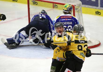 Eishockey Bundesliga. VSV gegen HC Pustertal.   Torjubel Tommy Purdeller, JC Lipon   (HCP, Pustertal). Villach, am 21.9..2025.
Foto: Kuess
www.qspictures.net
---
pressefotos, pressefotografie, kuess, qs, qspictures, sport, bild, bilder, bilddatenbank