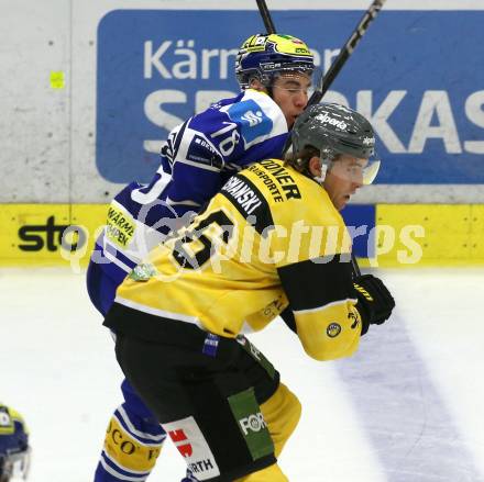 Eishockey Bundesliga. VSV gegen HC Pustertal.  Felix Maxa  (VSV),  Austin Osmanski  (HCP, Pustertal). Villach, am 21.9..2025.
Foto: Kuess
www.qspictures.net
---
pressefotos, pressefotografie, kuess, qs, qspictures, sport, bild, bilder, bilddatenbank