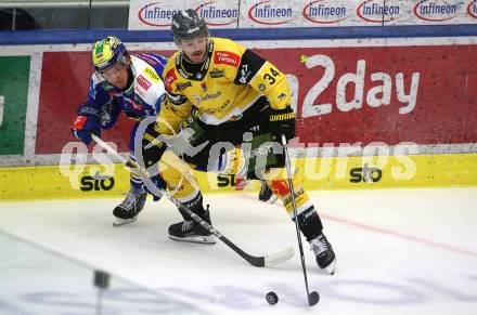 Eishockey Bundesliga. VSV gegen HC Pustertal. Philipp Lindner  (VSV),  Tommy Purdeller  (HCP, Pustertal). Villach, am 21.9..2025.
Foto: Kuess
www.qspictures.net
---
pressefotos, pressefotografie, kuess, qs, qspictures, sport, bild, bilder, bilddatenbank