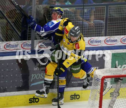 Eishockey Bundesliga. VSV gegen HC Pustertal. Nico Uschan  (VSV),  Matthias Mantinger  (HCP, Pustertal). Villach, am 21.9..2025.
Foto: Kuess
www.qspictures.net
---
pressefotos, pressefotografie, kuess, qs, qspictures, sport, bild, bilder, bilddatenbank