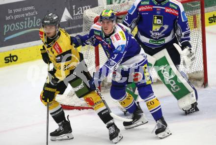 Eishockey Bundesliga. VSV gegen HC Pustertal.  Nico Uschan (VSV), Henry Bowlby    (HCP, Pustertal). Villach, am 21.9..2025.
Foto: Kuess
www.qspictures.net
---
pressefotos, pressefotografie, kuess, qs, qspictures, sport, bild, bilder, bilddatenbank