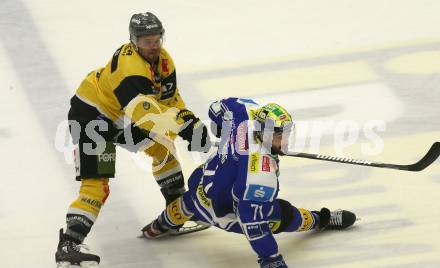 Eishockey Bundesliga. VSV gegen HC Pustertal.  Steven Strong  (VSV),   Alex Ierullo  (HCP, Pustertal). Villach, am 21.9..2025.
Foto: Kuess
www.qspictures.net
---
pressefotos, pressefotografie, kuess, qs, qspictures, sport, bild, bilder, bilddatenbank