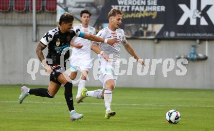 Fussball 2. Liga. SK Austria Klagenfurt gegen FC Hertha Wels.. Marc Andre Schmerboeck  (Klagenfurt),  Luan Leite Sa Silva  (Wels).  Klagenfurt, 26.9.2025.
Foto: Kuess
www.qspictures.net
---
pressefotos, pressefotografie, kuess, qs, qspictures, sport, bild, bilder, bilddatenbank