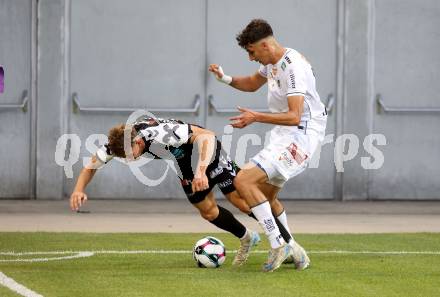 Fussball 2. Liga. SK Austria Klagenfurt gegen FC Hertha Wels..  Mario Matkovic (Klagenfurt),    Michael Brugger (Wels).  Klagenfurt, 26.9.2025.
Foto: Kuess
www.qspictures.net
---
pressefotos, pressefotografie, kuess, qs, qspictures, sport, bild, bilder, bilddatenbank