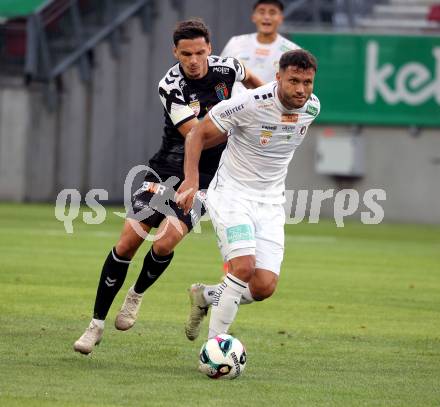 Fussball 2. Liga. SK Austria Klagenfurt gegen FC Hertha Wels..  Marco Sebastian Gantschnig (Klagenfurt),  Albin Gashi  (Wels).  Klagenfurt, 26.9.2025.
Foto: Kuess
www.qspictures.net
---
pressefotos, pressefotografie, kuess, qs, qspictures, sport, bild, bilder, bilddatenbank