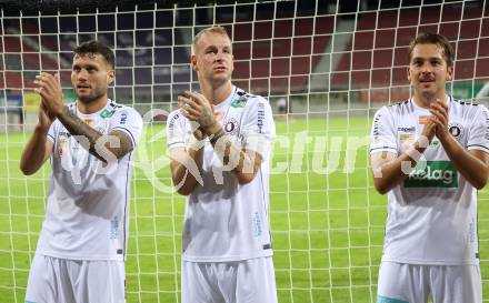 Fussball 2. Liga. SK Austria Klagenfurt gegen FC Hertha Wels. Marco Gantschnig, Florian Jaritz, Leo Vielgut (Klagenfurt).  Klagenfurt, 26.9.2025.
Foto: Kuess
www.qspictures.net
---
pressefotos, pressefotografie, kuess, qs, qspictures, sport, bild, bilder, bilddatenbank