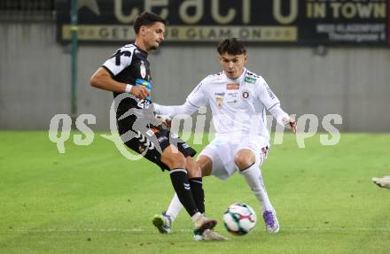 Fussball 2. Liga. SK Austria Klagenfurt gegen FC Hertha Wels. Armin Karic (Klagenfurt), Albin Gashi   (Wels).  Klagenfurt, 26.9.2025.
Foto: Kuess
www.qspictures.net
---
pressefotos, pressefotografie, kuess, qs, qspictures, sport, bild, bilder, bilddatenbank