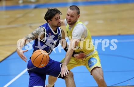 Basketball 2. Liga 2025/2026. Grunddurchgang 1. Runde.  Woerthersee Piraten gegen Kufstein Towers. Tim Huber  (Piraten),  Julian Alper (Kufstein). Klagenfurt, am 4.10.2025.
Foto: Kuess
---
pressefotos, pressefotografie, kuess, qs, qspictures, sport, bild, bilder, bilddatenbank
