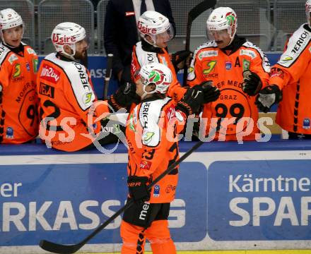 Eishockey ICE Bundesliga. VSV gegen Moser Medical Graz99ers. Torjubel Kevin Roy  (Graz). Villach, am 17.10.2025
Foto: Kuess
---
pressefotos, pressefotografie, kuess, qs, qspictures, sport, bild, bilder, bilddatenbank