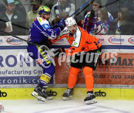 Eishockey Bundesliga. EC IDM Waermepumpen VSV gegen Moser Medical Graz99ers.  Nick Hutchison (VSV),   Frank Hora (Graz). . Villach, am 17.10..2025.
Foto: Kuess
www.qspictures.net
---
pressefotos, pressefotografie, kuess, qs, qspictures, sport, bild, bilder, bilddatenbank