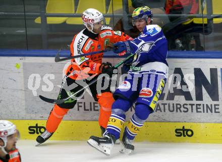Eishockey Bundesliga. EC IDM Waermepumpen VSV gegen Moser Medical Graz99ers.  Luca Erne (VSV),  Kilian Zuendel  (Graz). . Villach, am 17.10..2025.
Foto: Kuess
www.qspictures.net
---
pressefotos, pressefotografie, kuess, qs, qspictures, sport, bild, bilder, bilddatenbank
