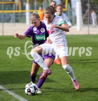 Fussball. Frauen.  2. Bundesliga. SK Austria Klagenfurt gegen Rapid Wien. Franziska Markof  (Klagenfurt), Sophia Johnston   (Rapid Wien).  Klagenfurt, 19.10.2025.
Foto: Kuess
www.qspictures.net
---
pressefotos, pressefotografie, kuess, qs, qspictures, sport, bild, bilder, bilddatenbank