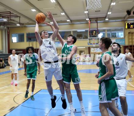Basketball 2. Liga 2025/2026. Grunddurchgang 4. Runde.  KOS Celovec gegen Basketball Klub Rapid Wien.  Samuel Seher (KOS),  Vito Meier (Wien). Klagenfurt, am 25.10.2025.
Foto: Kuess
---
pressefotos, pressefotografie, kuess, qs, qspictures, sport, bild, bilder, bilddatenbank