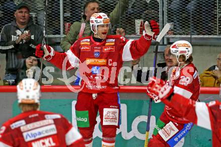 Eishockey ICE Bundesliga. KAC gegen Olimpija Ljubljana. Torjubel Thomas Hundertpfund, Mario Kempe,  (KAC), Klagenfurt, am 26.10.2025
Foto: Kuess
---
pressefotos, pressefotografie, kuess, qs, qspictures, sport, bild, bilder, bilddatenbank