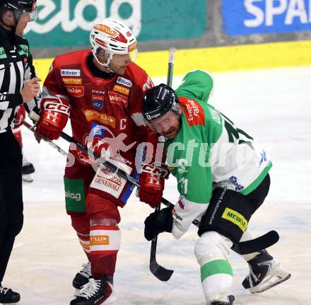 Eishockey ICE Bundesliga. KAC gegen Olimpija Ljubljana.  Thomas Hundertpfund (KAC),   Marly Quince (Olimpija Ljubljana). Klagenfurt, am 26.10.2025
Foto: Kuess
---
pressefotos, pressefotografie, kuess, qs, qspictures, sport, bild, bilder, bilddatenbank